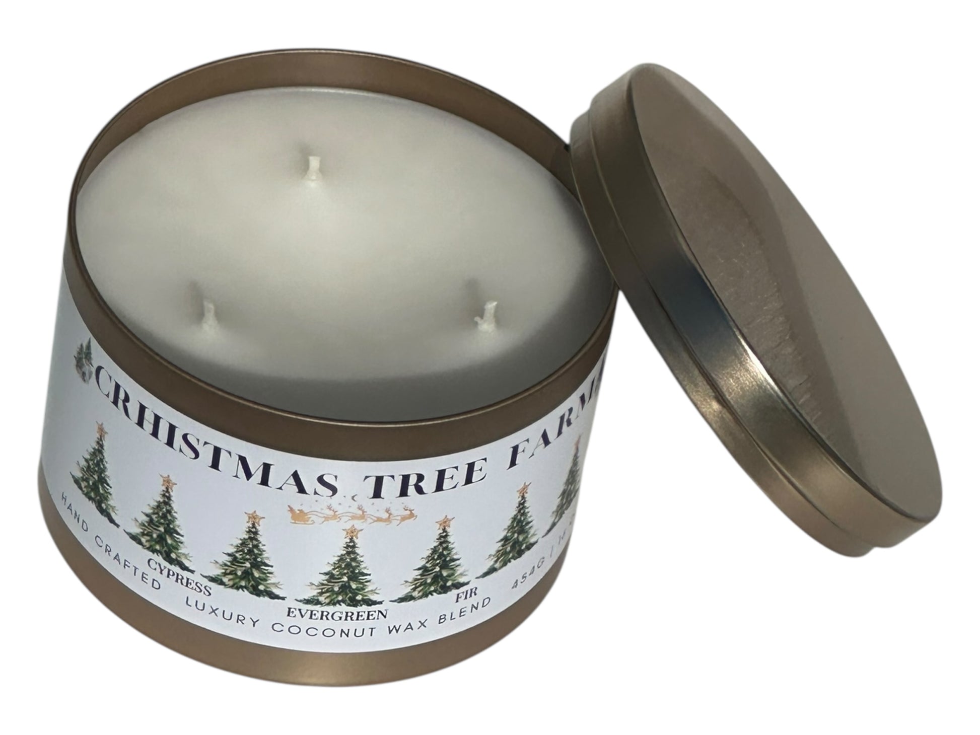 A gold candle tin labeled "Christmas  Tree Farm" on a white background top view with lid removed.
