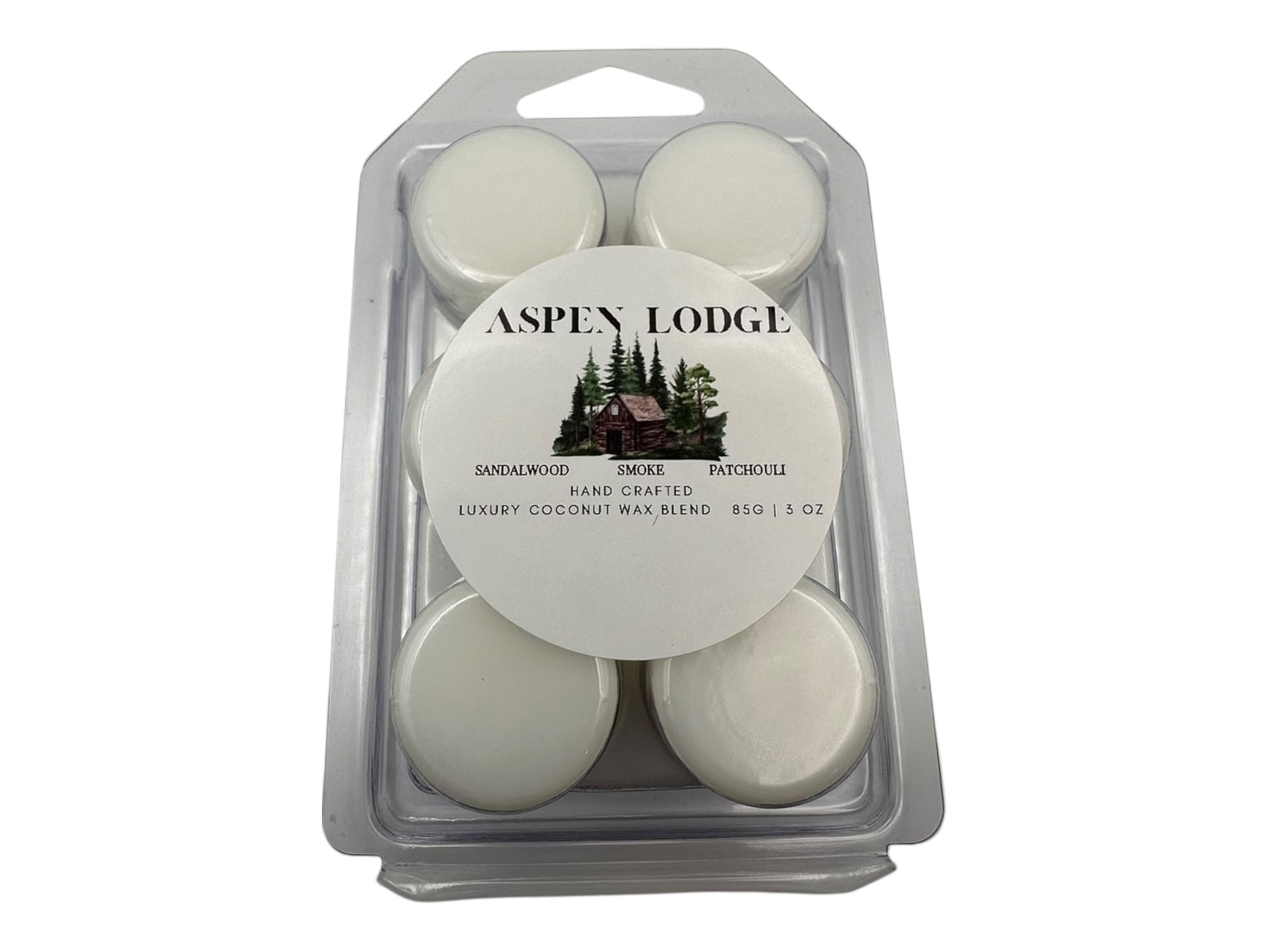 Package  of Aspen Lodge wax melts in a clear plastic clamshell on a white background.