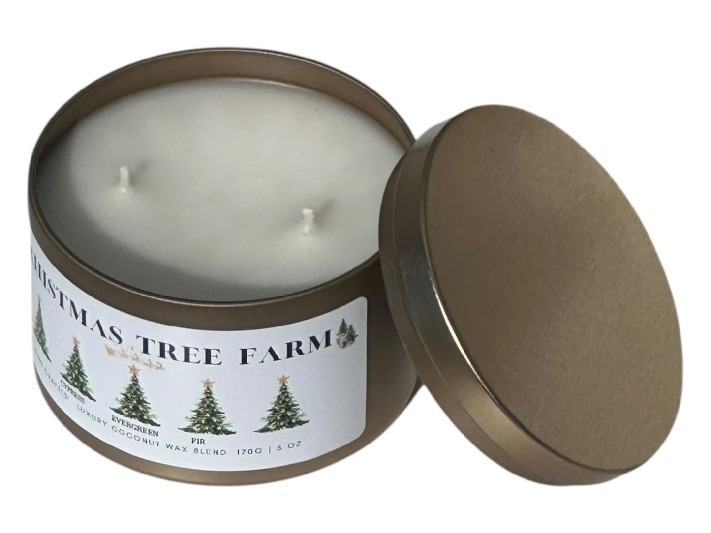 a gold candle tin labeled "Christmas Tree Farm" with lid removed on a white background. Top view.