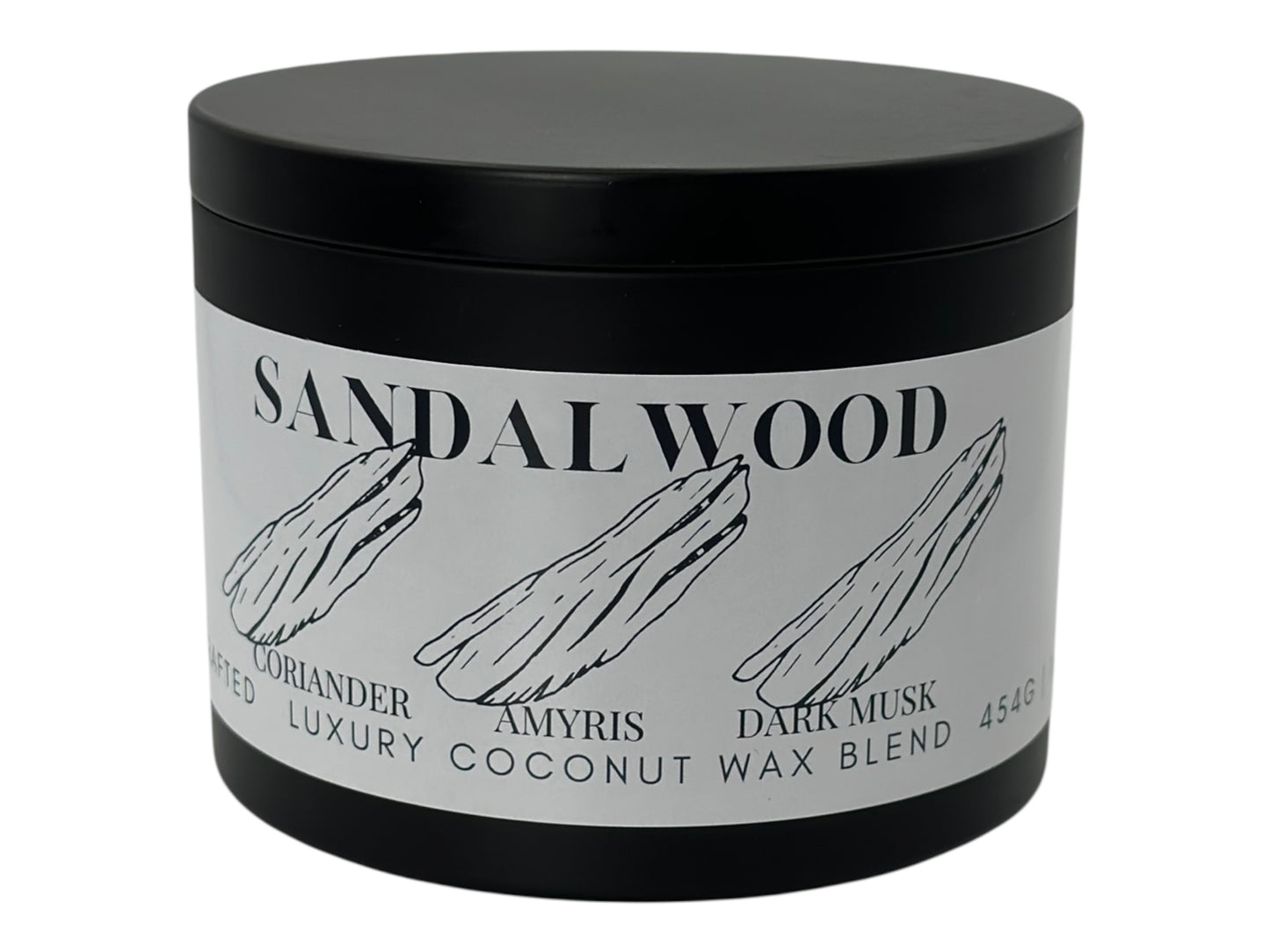 A black candle tin labeled "Sandalwood" on a white background.