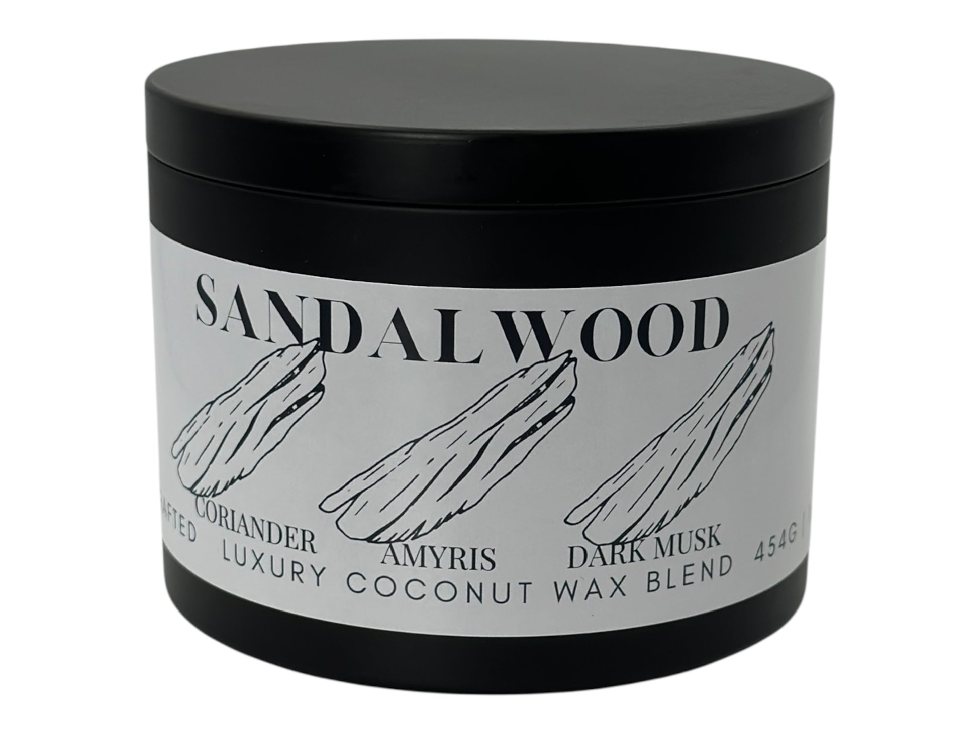 A black candle tin labeled "Sandalwood" on a white background.