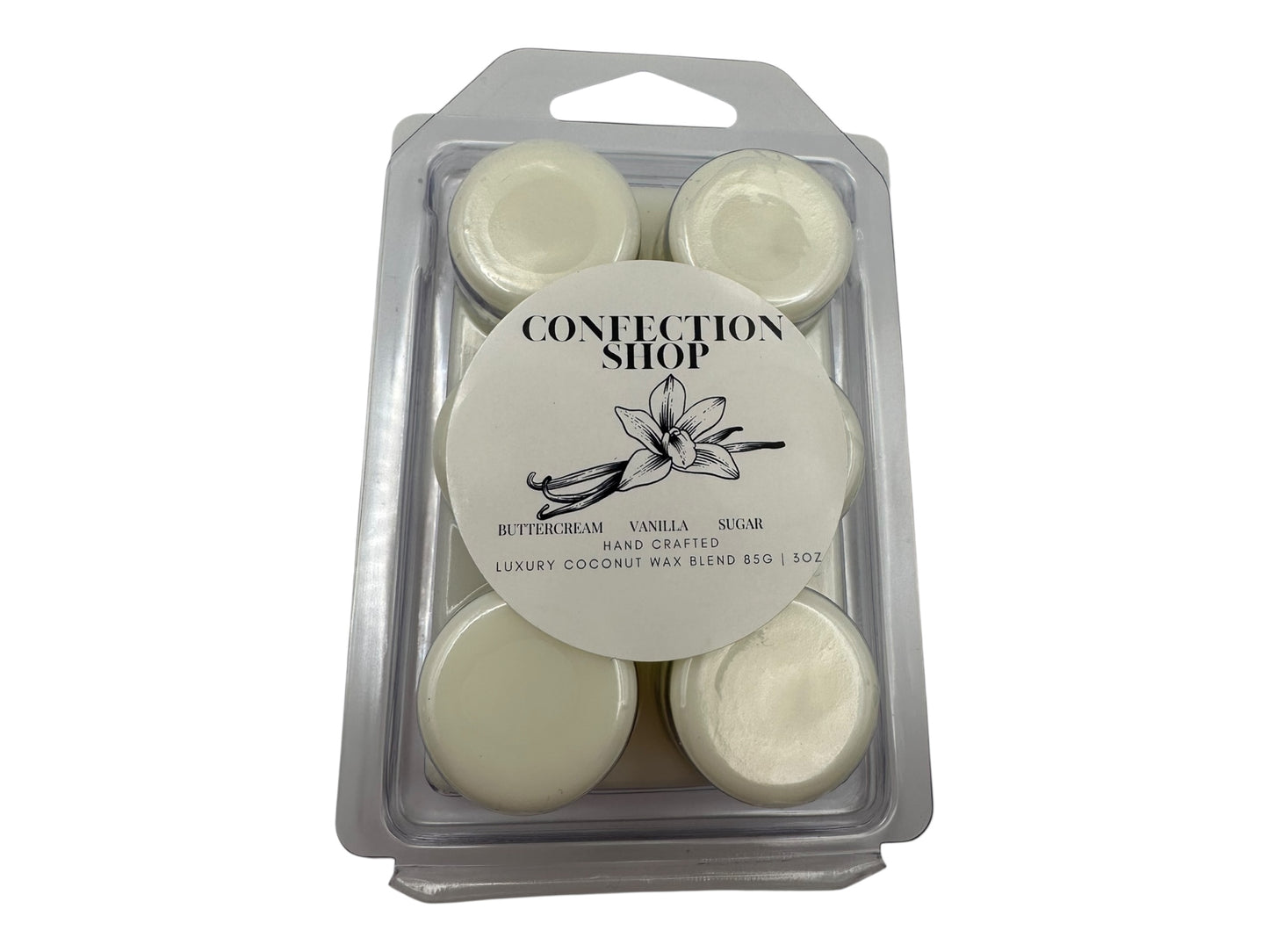 A package of  Confection Shop wax melts in a clear plastic clamshell on a white background.