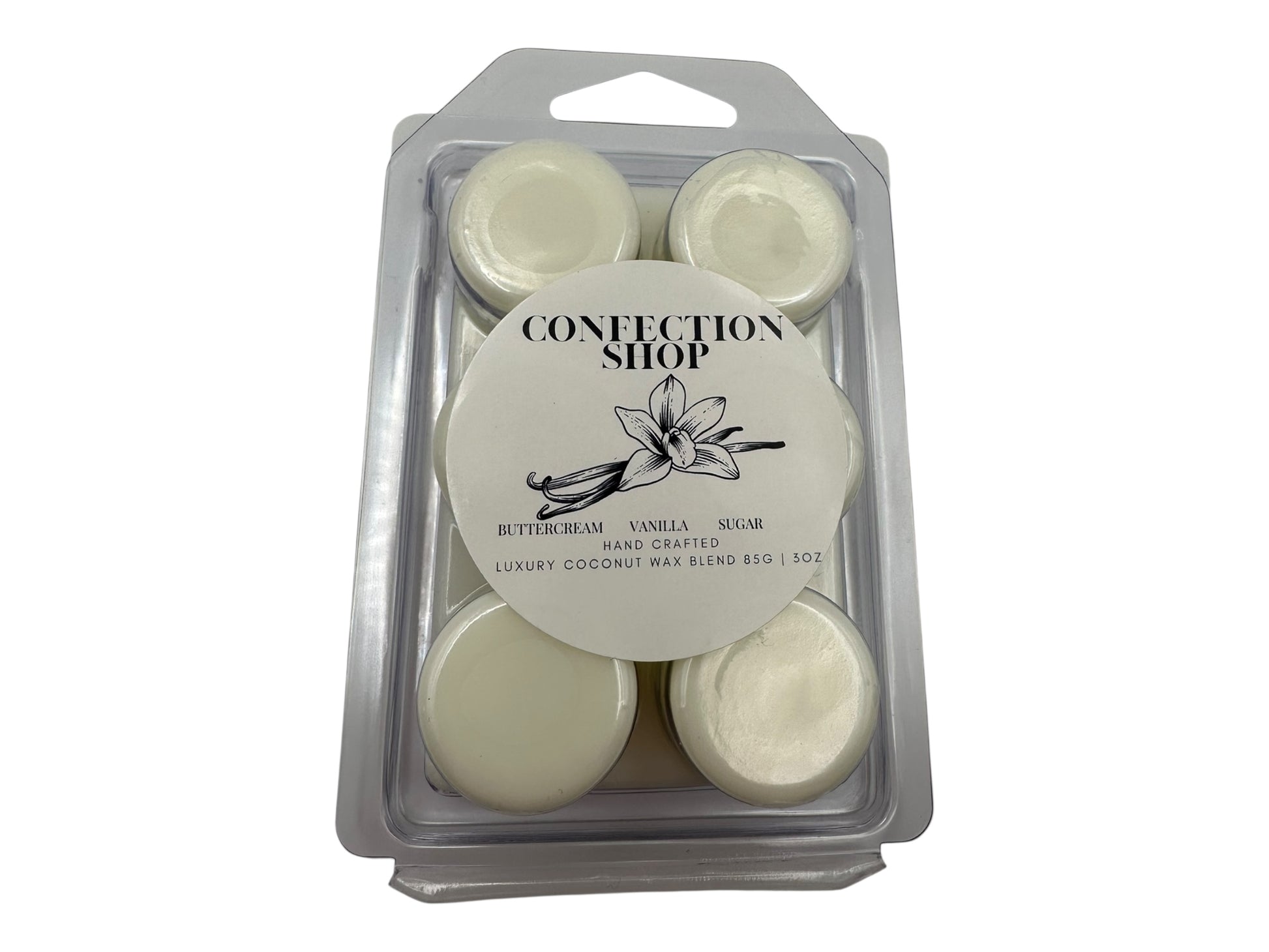 A package of  Confection Shop wax melts in a clear plastic clamshell on a white background.