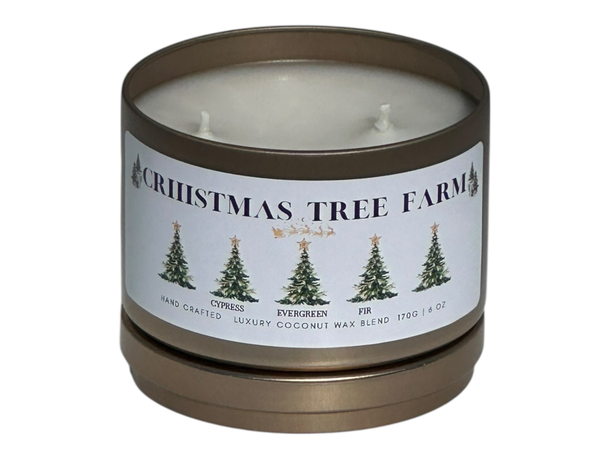 a gold candle tin labeled "Christmas Tree Farm" with lid removed on a white background front view with lid under candle.