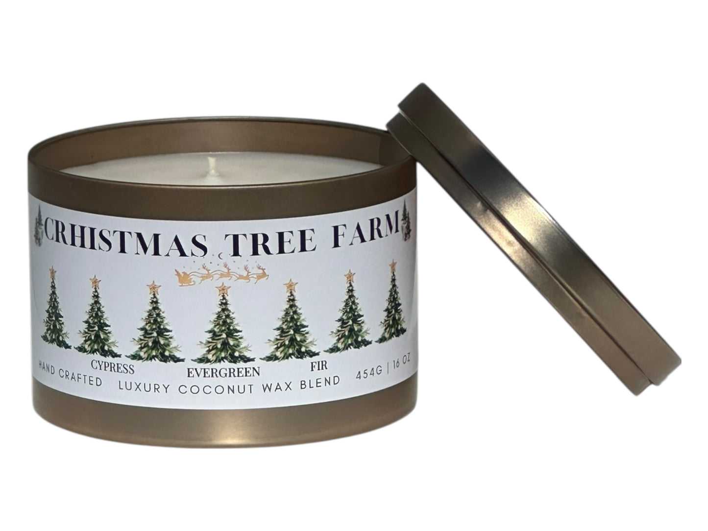 A gold candle tin labeled "Christmas  Tree Farm" on a white background front view with lid removed.