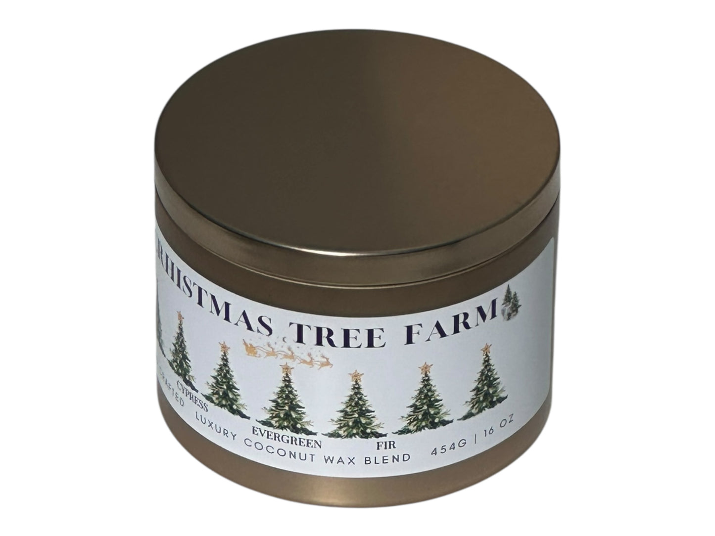 A gold candle tin labeled "Christmas  Tree Farm" on a white background side view.