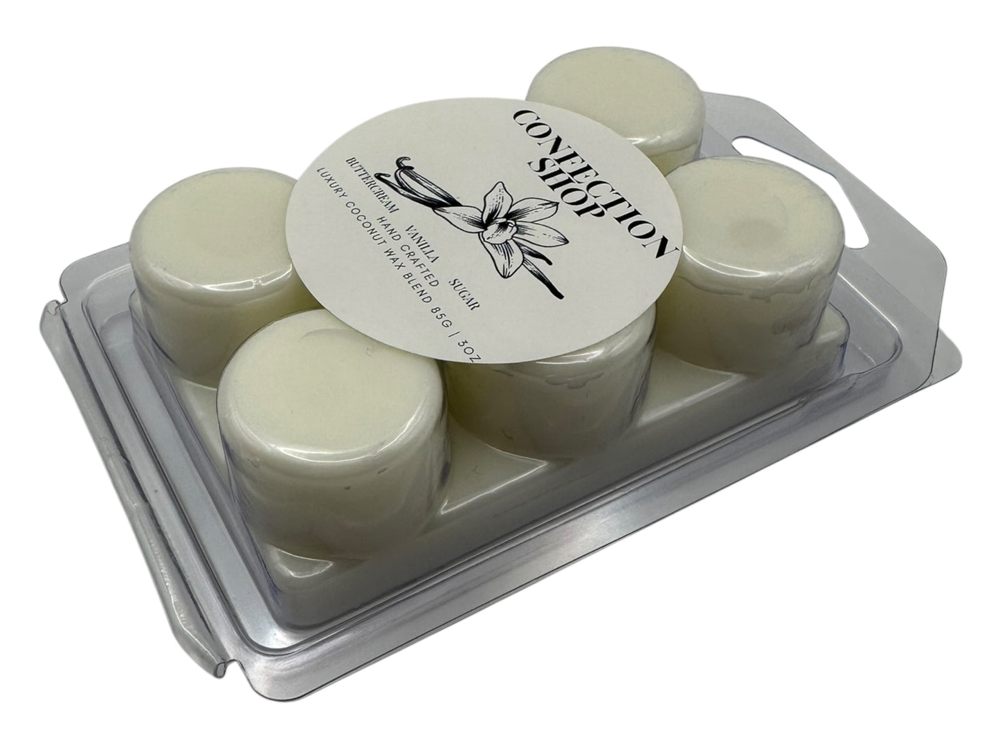 A side view package of  Confection Shop wax melts in a clear plastic clamshell on a white background.
