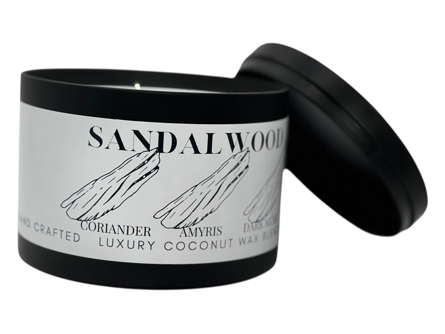 A black candle tin labeled "Sandalwood" on a white background.