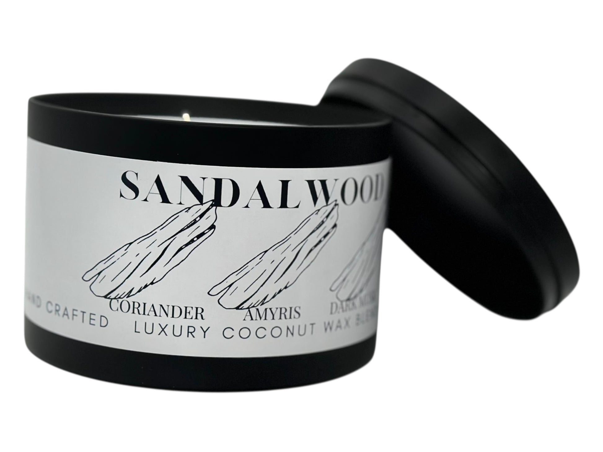 A black candle tin labeled "Sandalwood" on a white background.