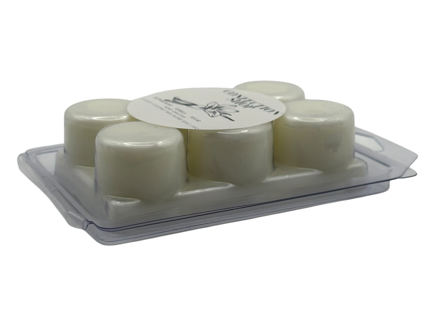 A side view package of  Confection Shop wax melts in a clear plastic clamshell on a white background.