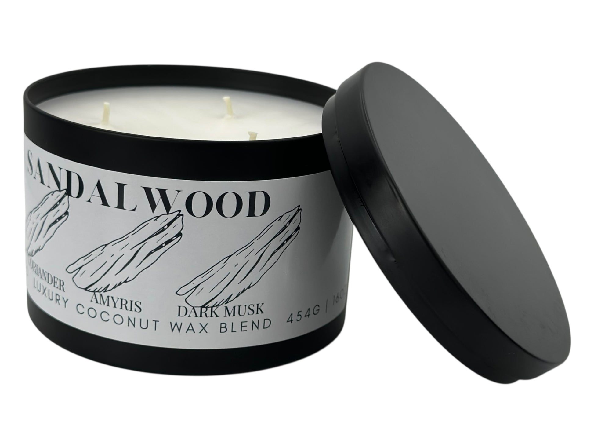 A black candle tin labeled "Sandalwood" with lid removed on a white background.