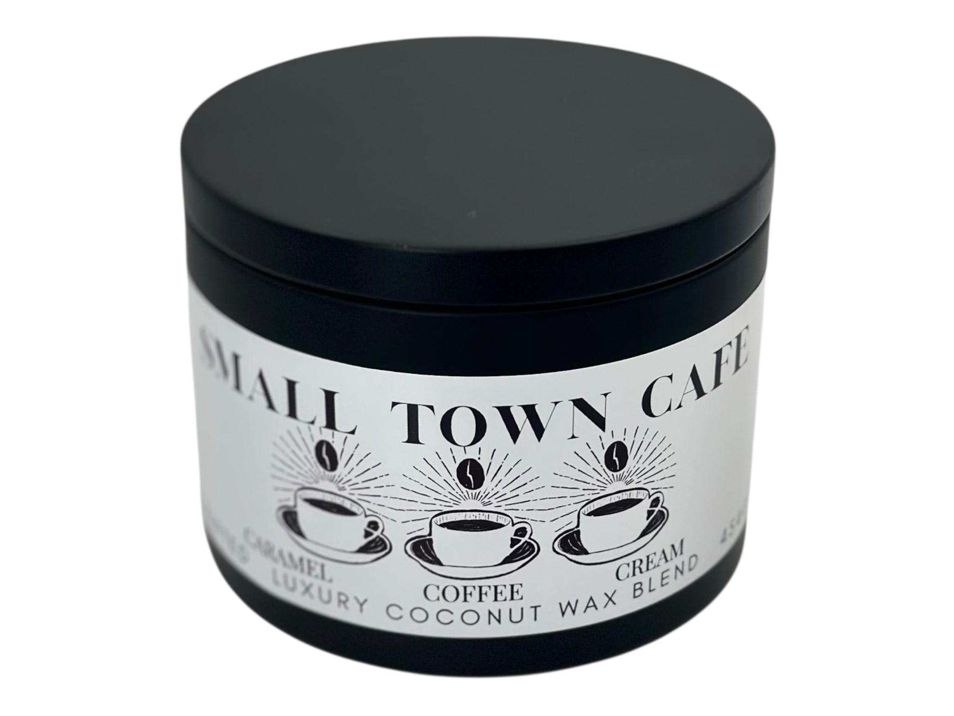 A black candle tin labeled "Small Town Cafe" on a white background.