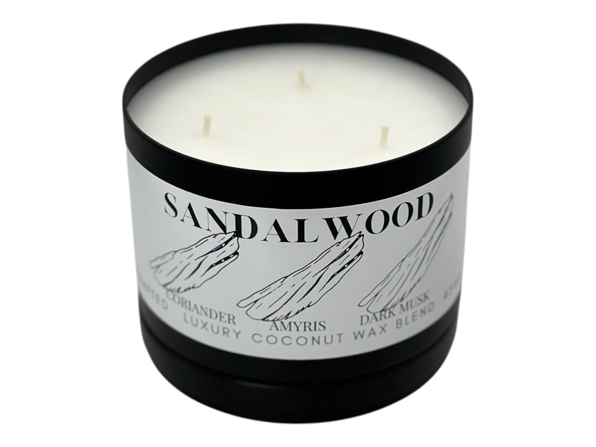 A black candle tin labeled "Sandalwood" with lid removed showing three wicks and a smooth white candle top on a white background.