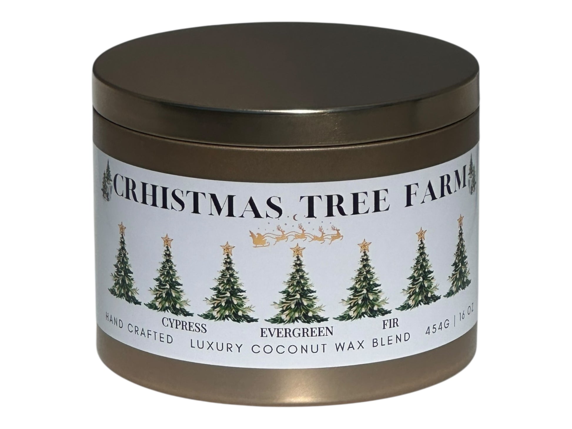 A gold candle tin labeled "Christmas  Tree Farm" on a white background.