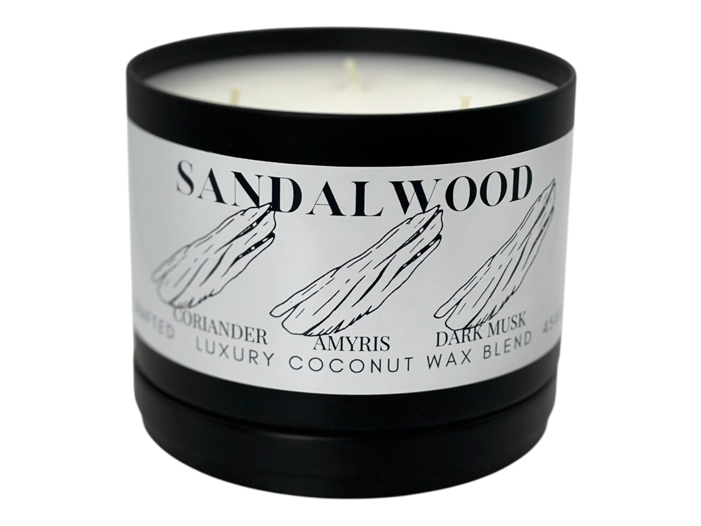 A black candle tin labeled "Sandalwood" with lid removed on a white background.