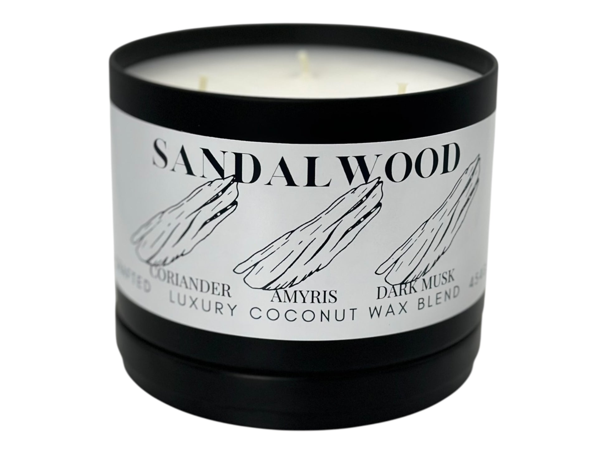A black candle tin labeled "Sandalwood" with lid removed on a white background.