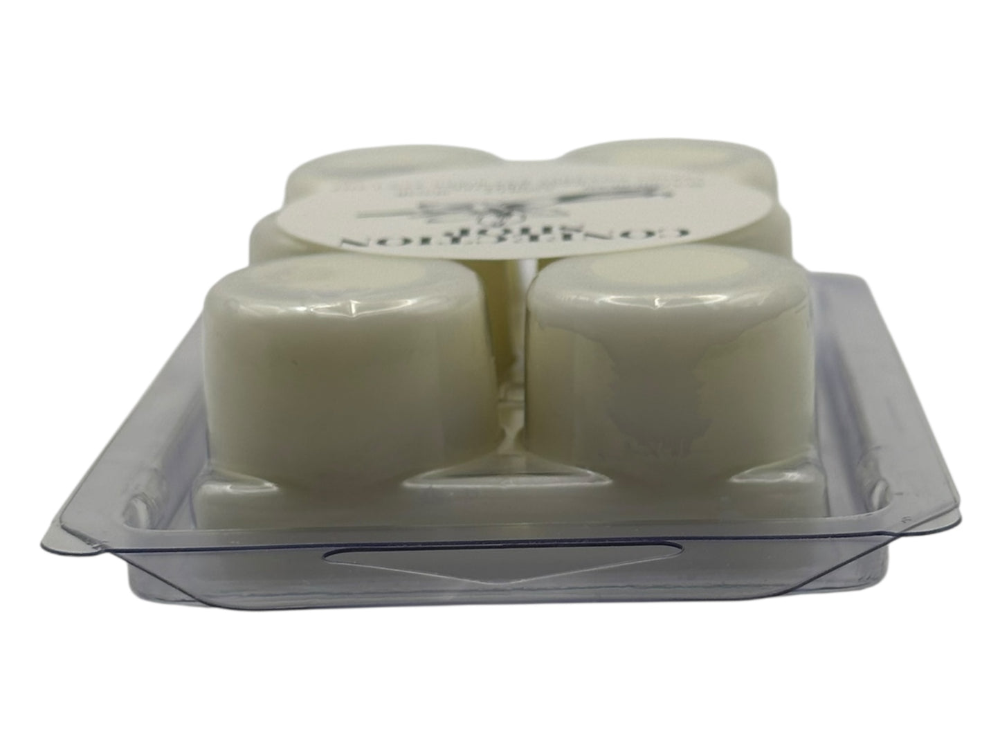 A package of  wax melts in a clear plastic clamshell on a white background.