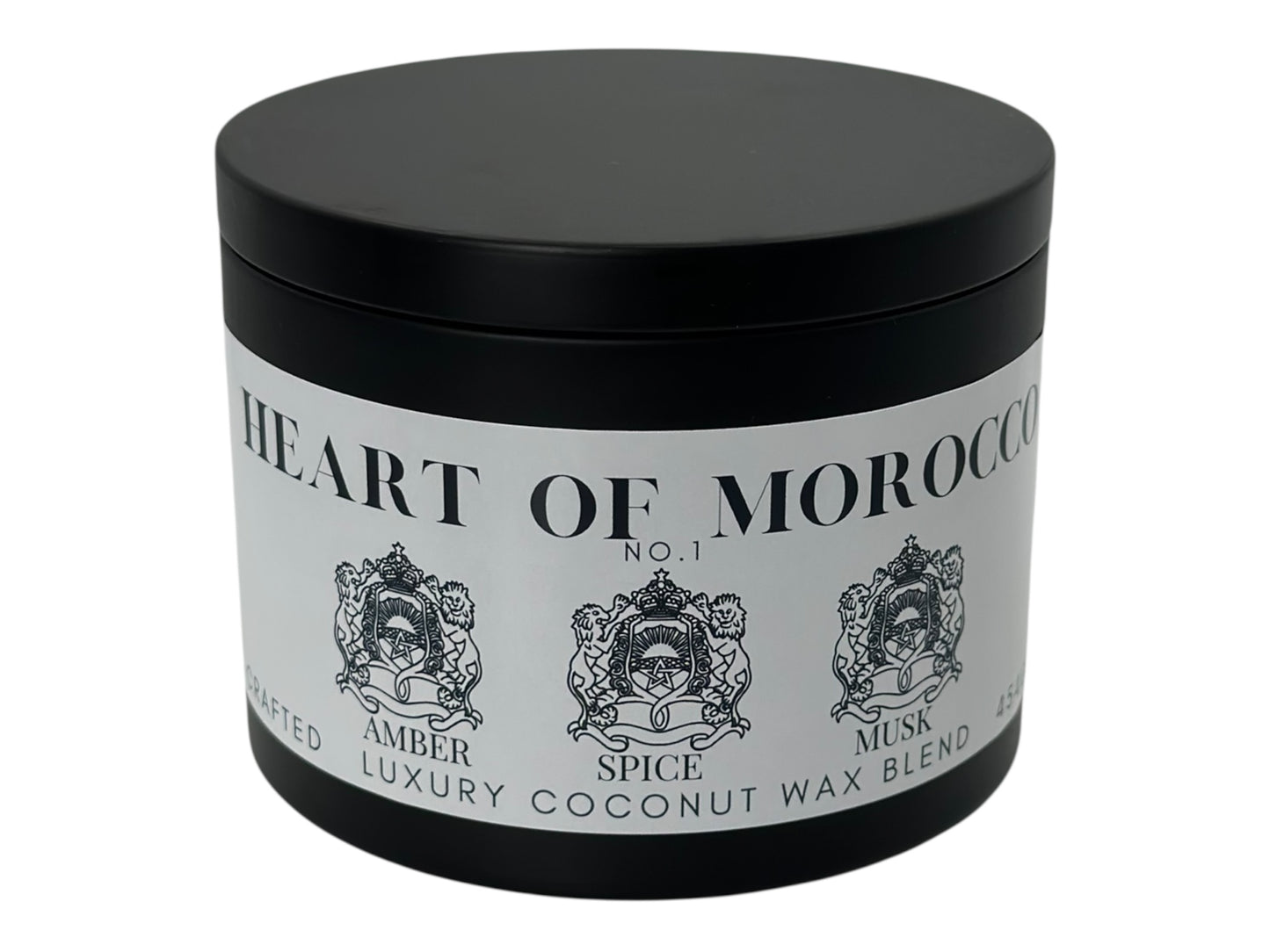 A black candle tin labeled "Heart of Morocco" on a white background.