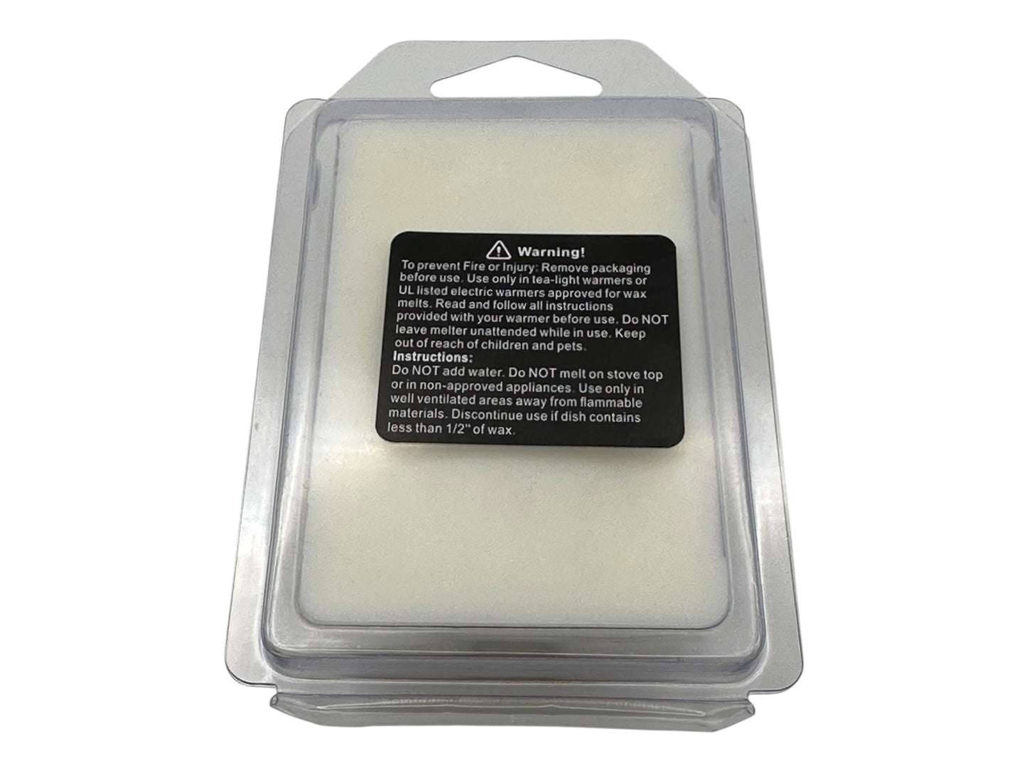 Packaged wax melts with warning label on a white background.
