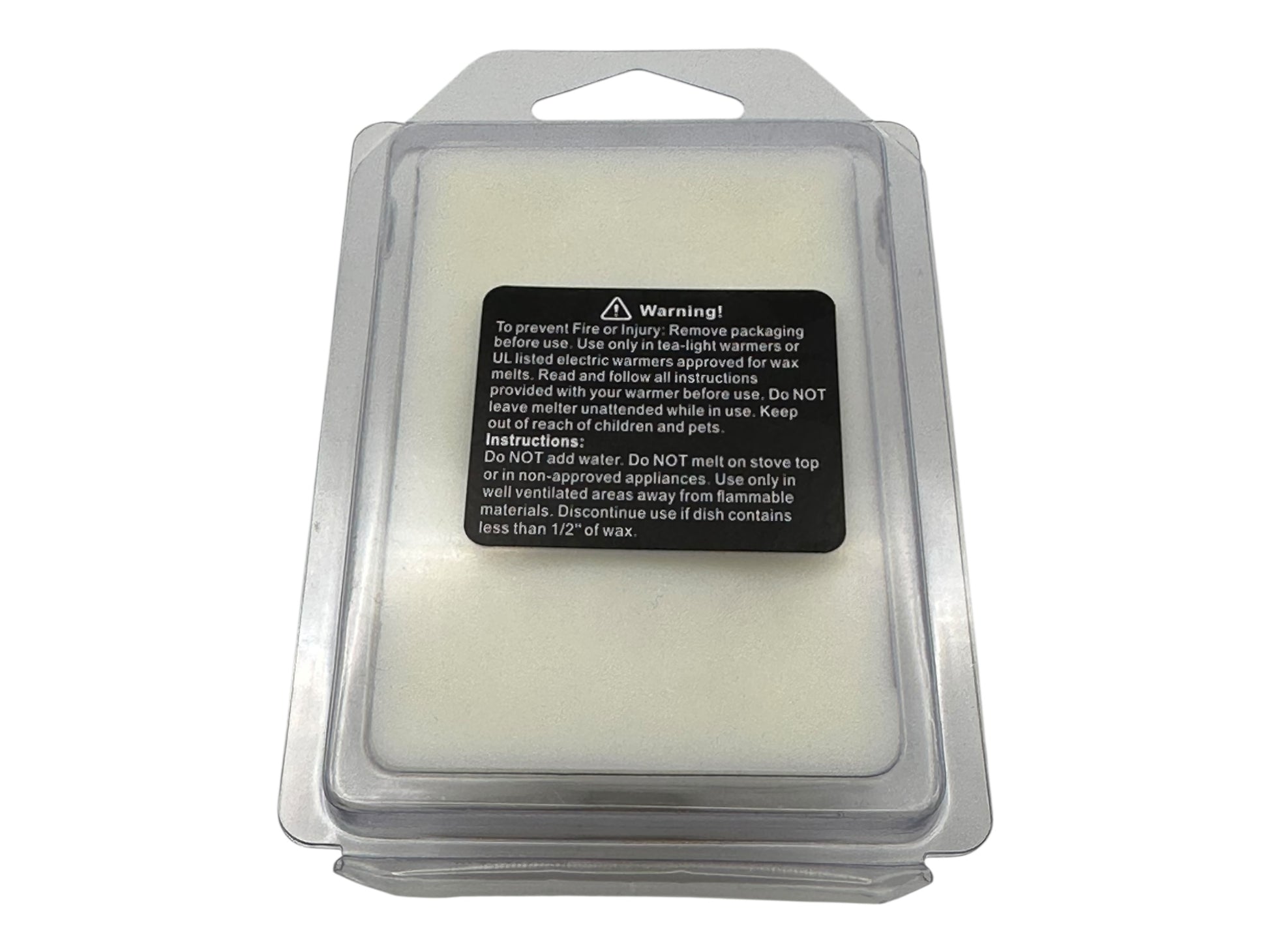 Packaged wax melts with warning label on a white background.