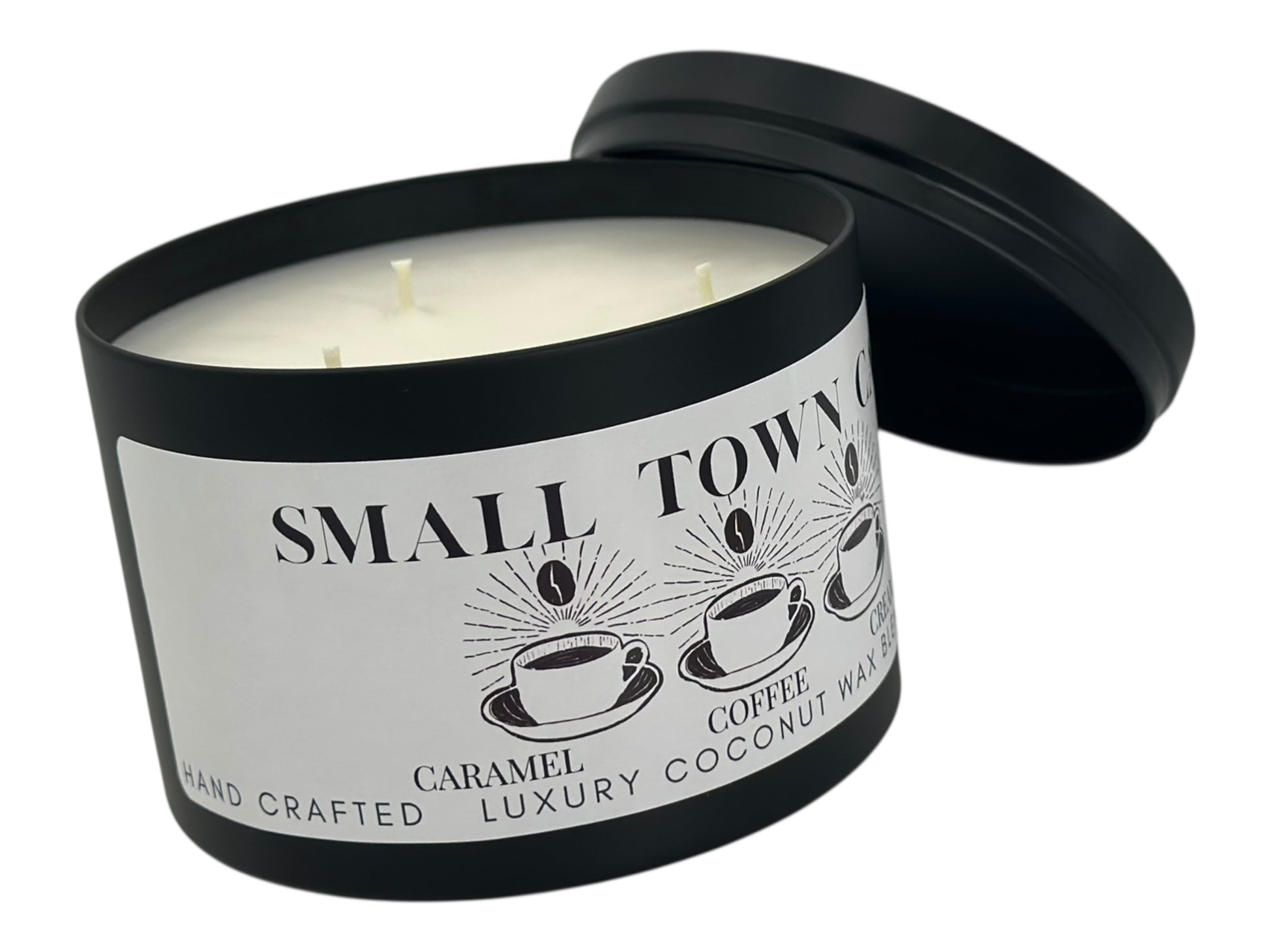 A black candle tin labeled "Small Town Cafe" on a white background.