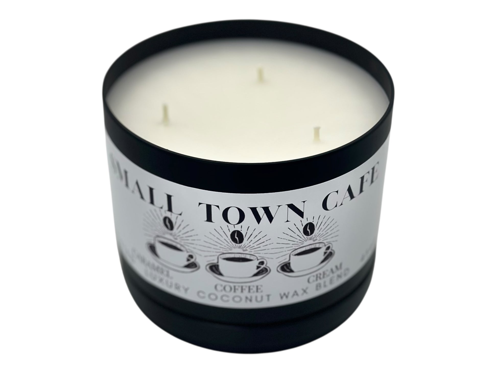 A black candle tin labeled "Small Town Cafe" with lid removed on a white background.