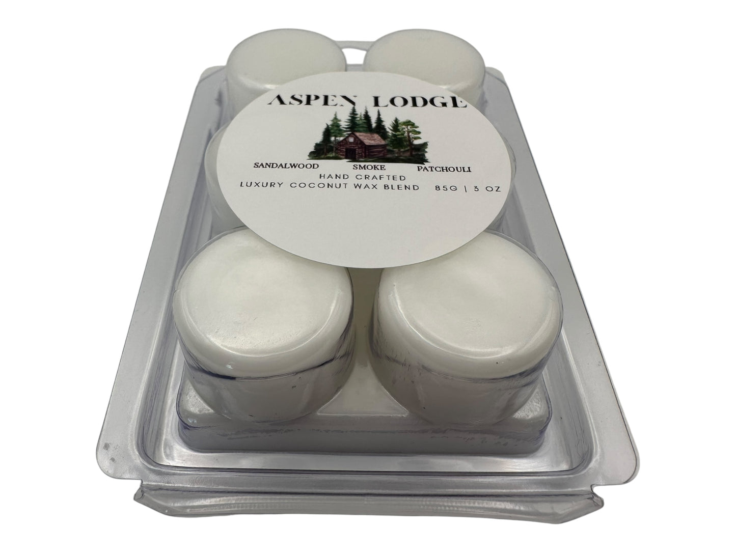 A package of Aspen Lodge wax melts in plastic clamshell on a white background.