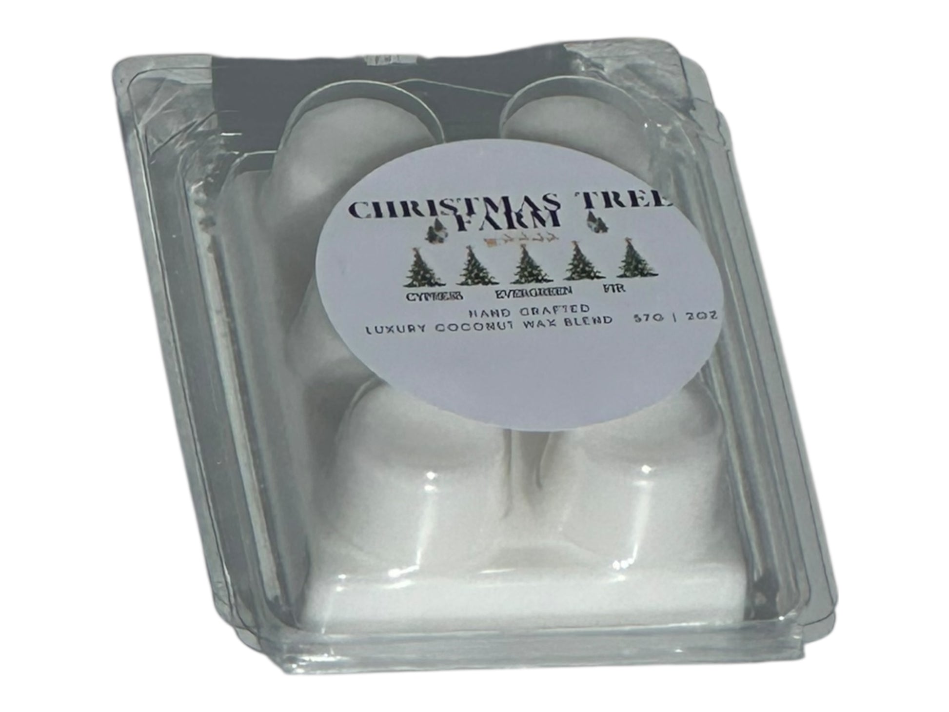 A winter wax melt labeled "Christmas Tree Farm" on a white background at an angle to show depth with natural lighting.