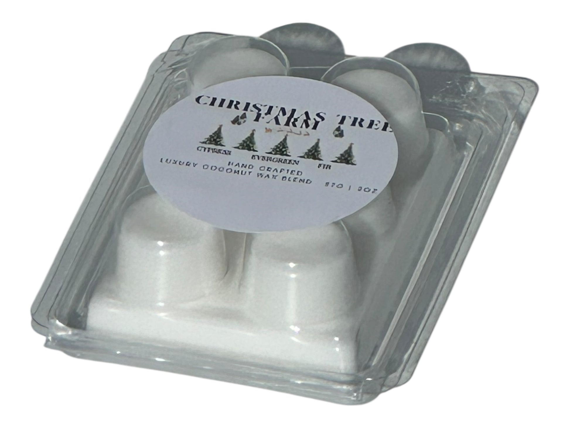A winter wax melt labeled "Christmas Tree Farm" on a white background at an angle to show depth with natural lighting.