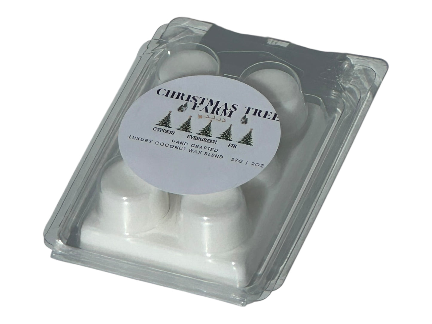 A Christmas tree wax melt labeled "Christmas Tree Farm" front, side, and top view on a white background.