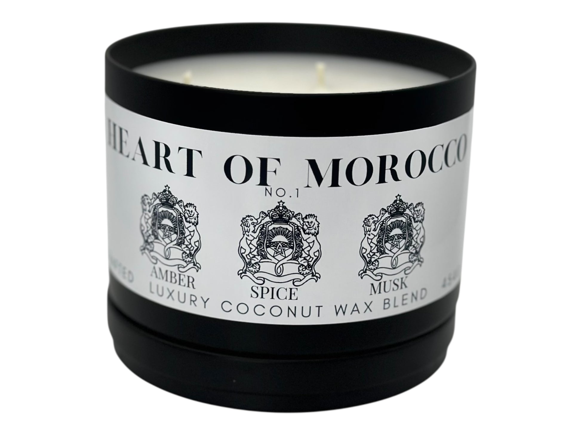 A black candle tin labeled "Heart of Morocco" lid removed on a white background.