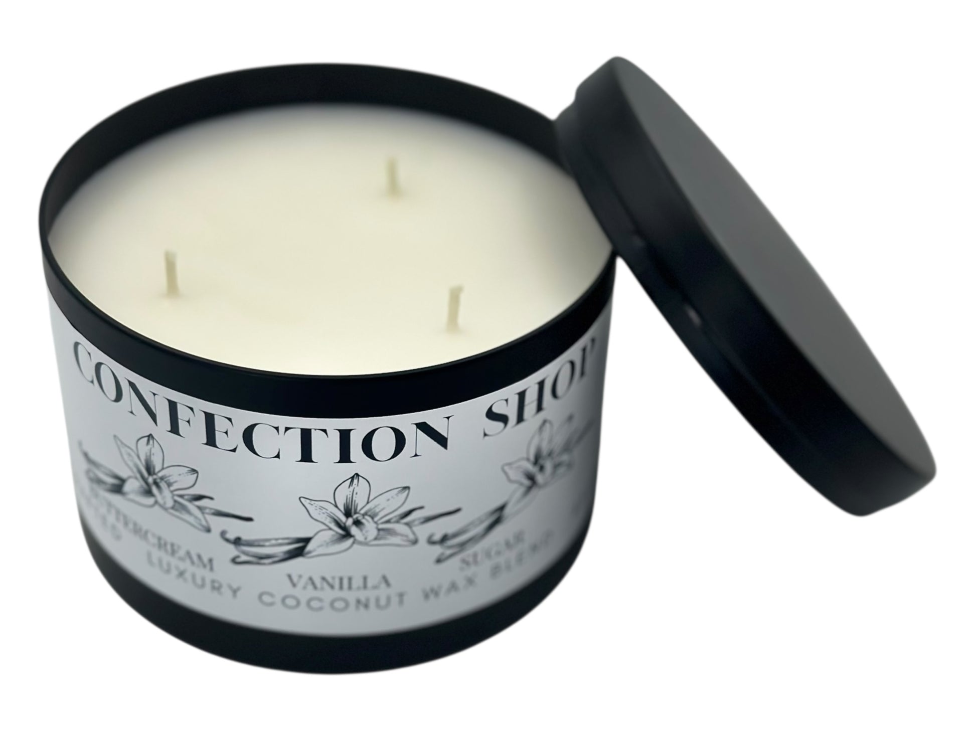 A black candle tin with lid removed showing three wicks and a smooth white candle top labeled 'Confection Shop' on a white background.