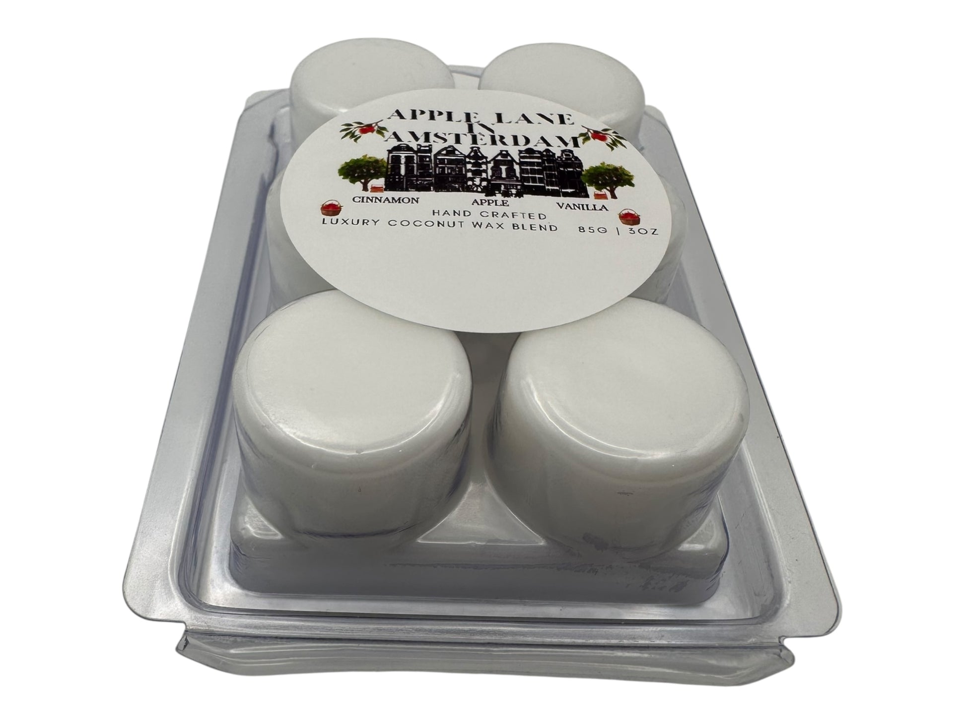 A package of "Apple Lane in Amsterdam" wax melts in a plastic clamshell front view on a white background.