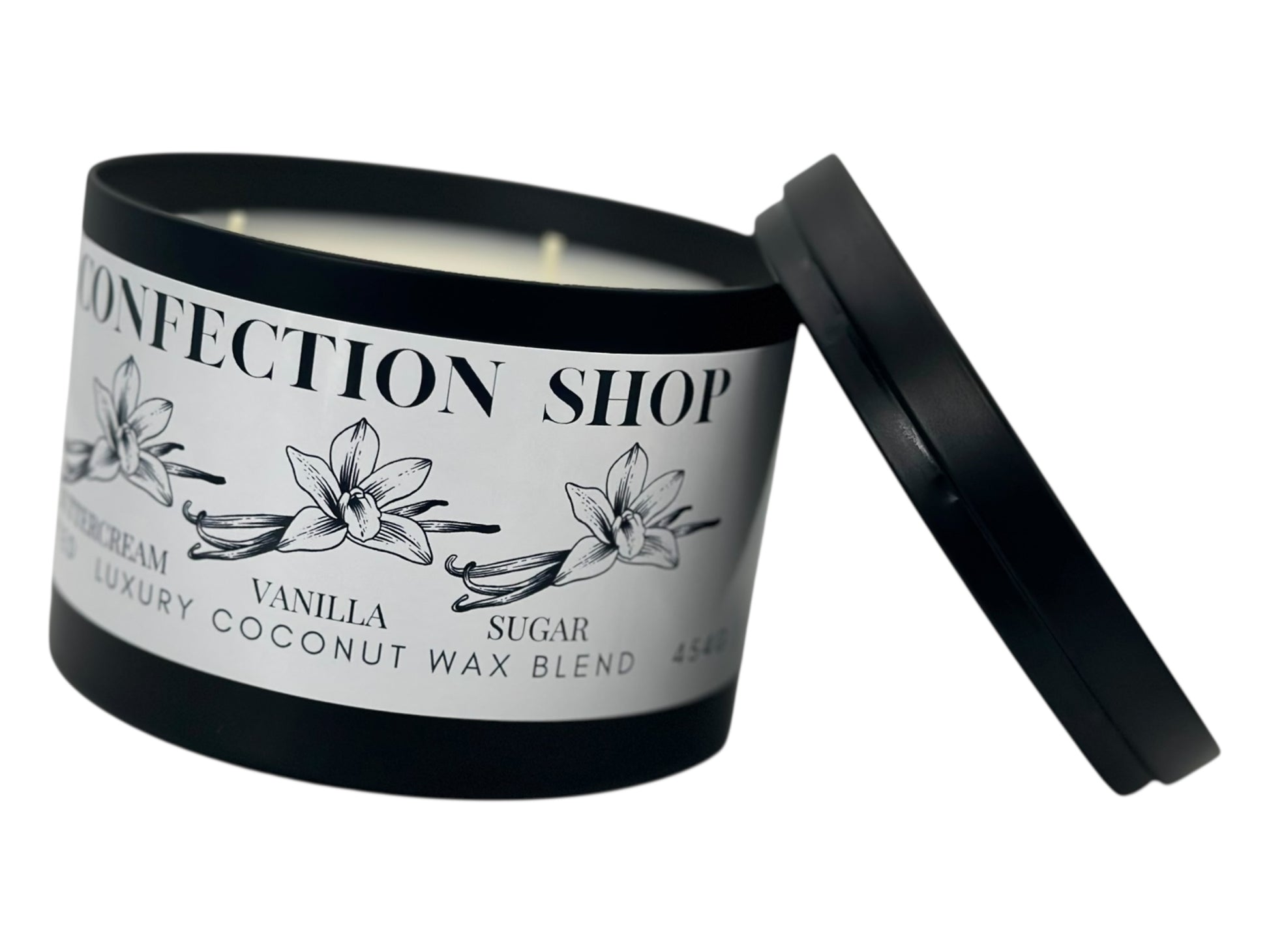 A black candle tin labeled 'Confection Shop' on a white background.