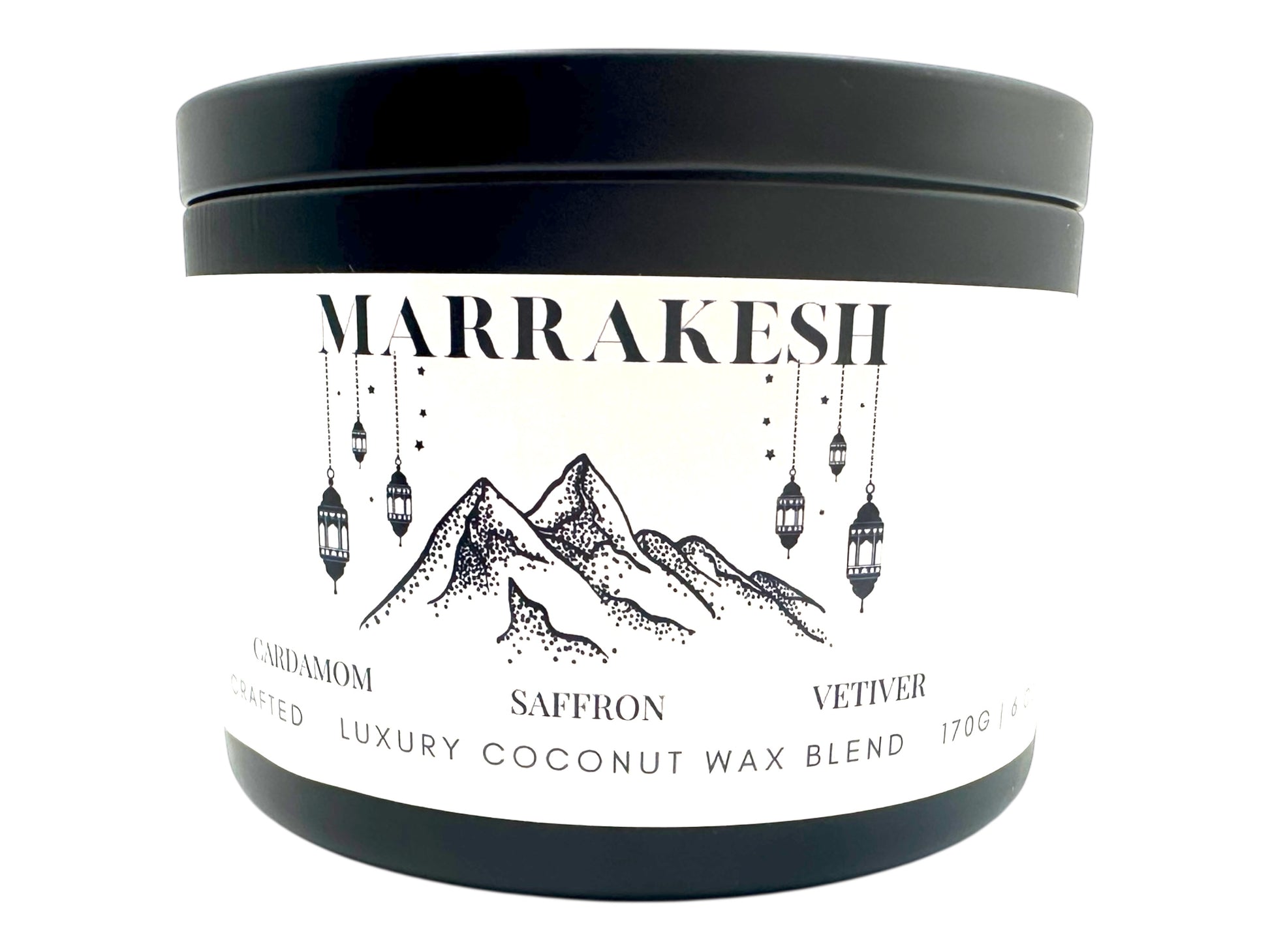 A black candle tin labeled "Marrakesh" on a white background. 