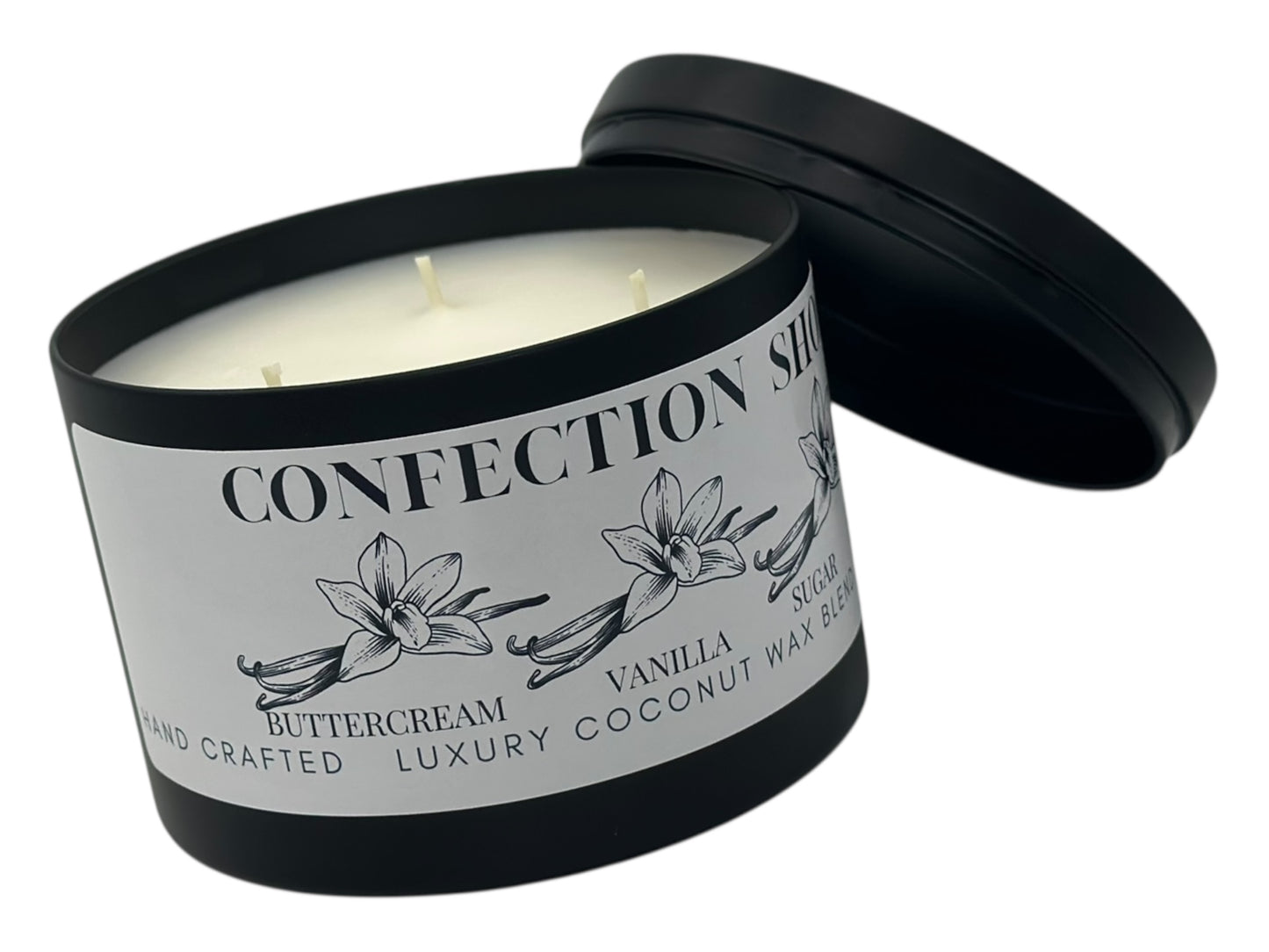 A black candle tin with lid removed labeled 'Confection Shop' on a white background.