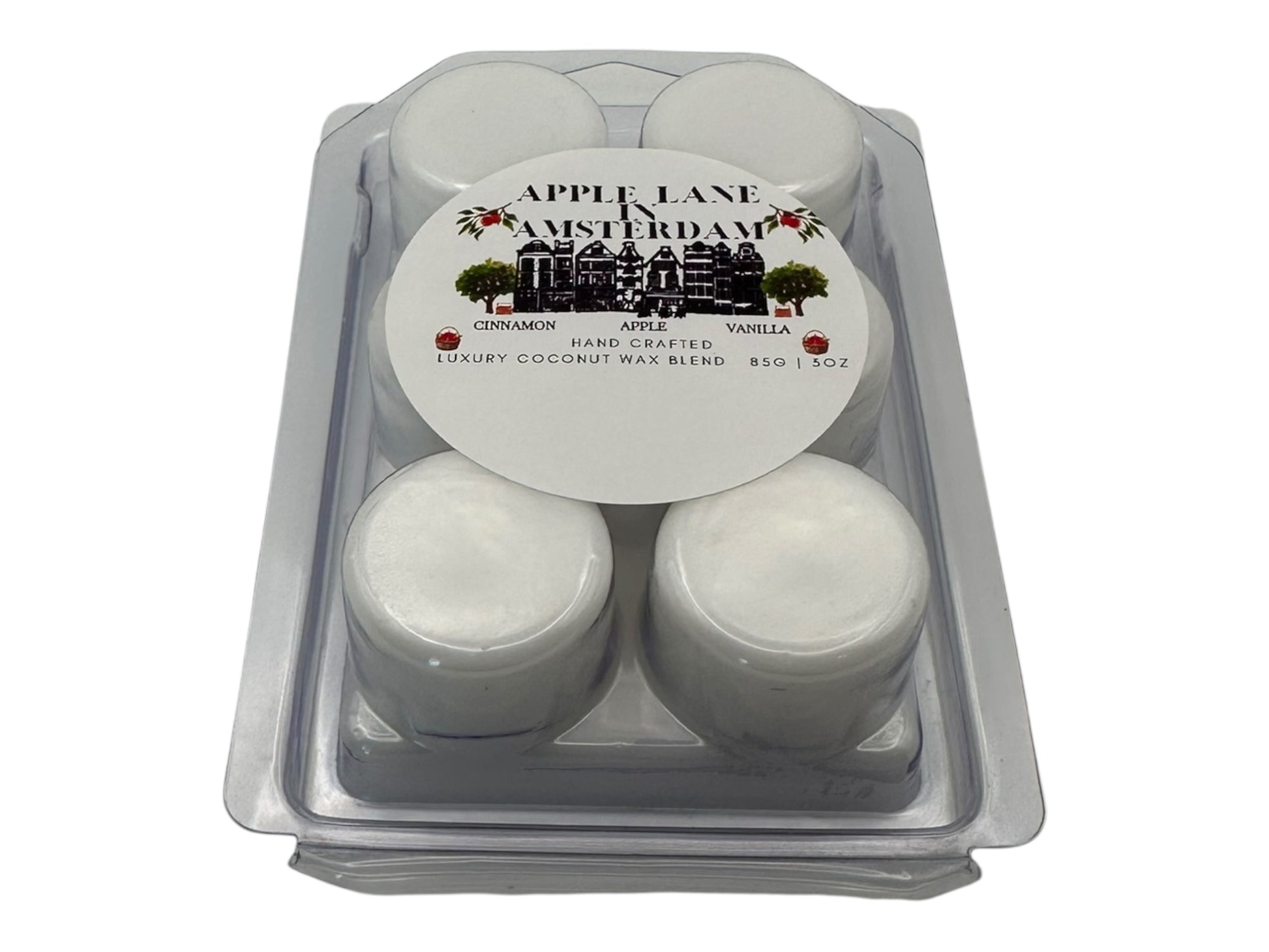 Pack of 'Apple Land in Amsterdam" wax melts  in a clear plastic packaging on a white background.