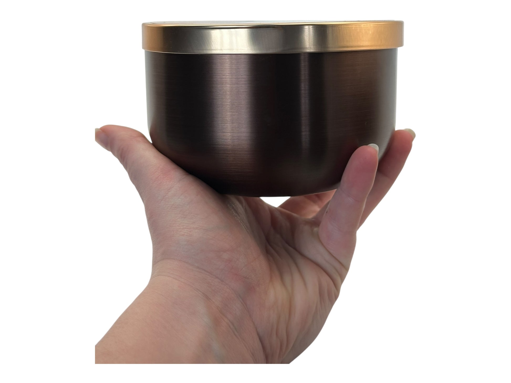 A hand holding a bronze and gold candle tin labeled "Aspen Lodge" on a white background.