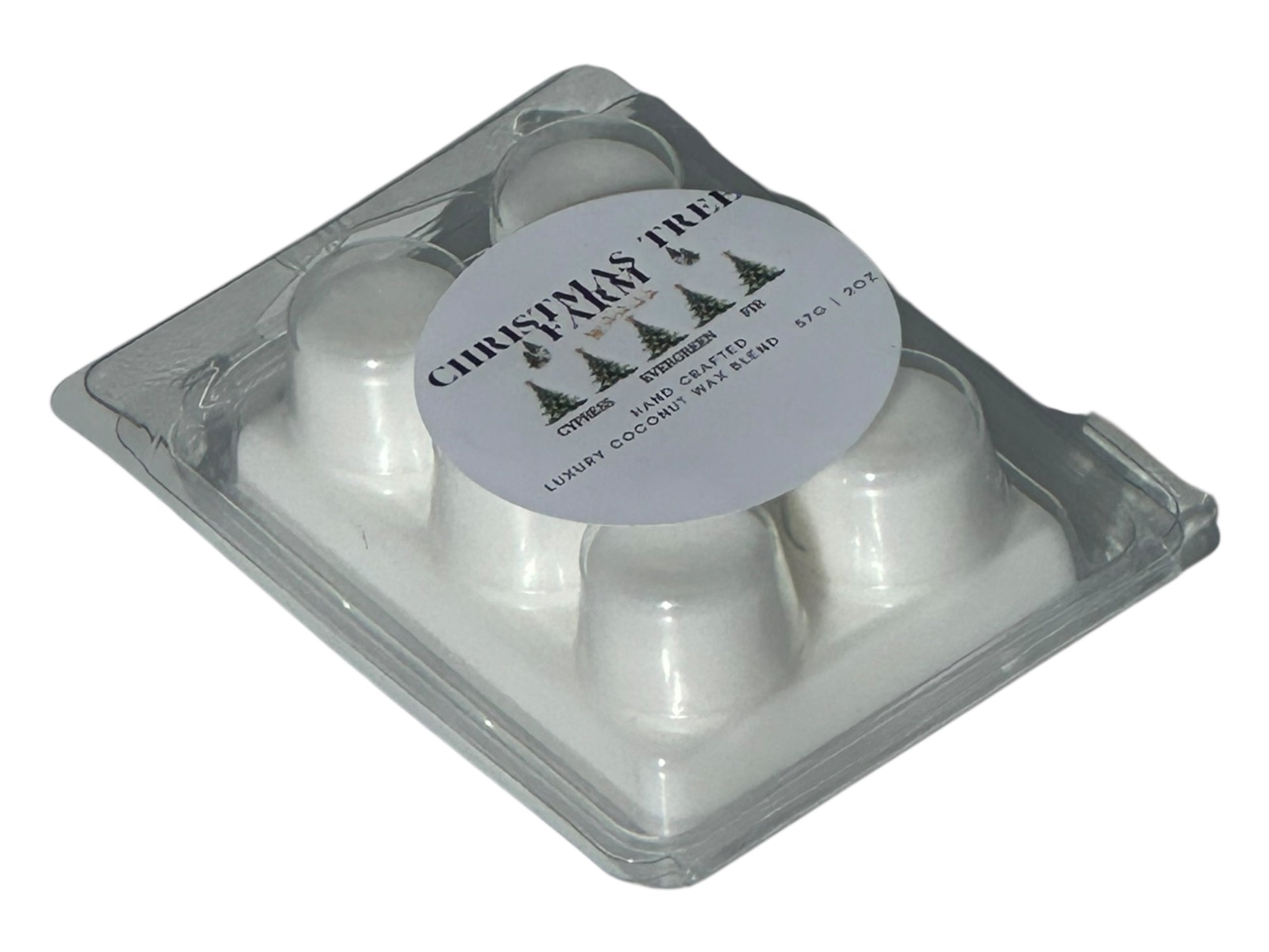 A Christmas tree wax melt labeled "Christmas Tree Farm" front, side, and top view on a white background.