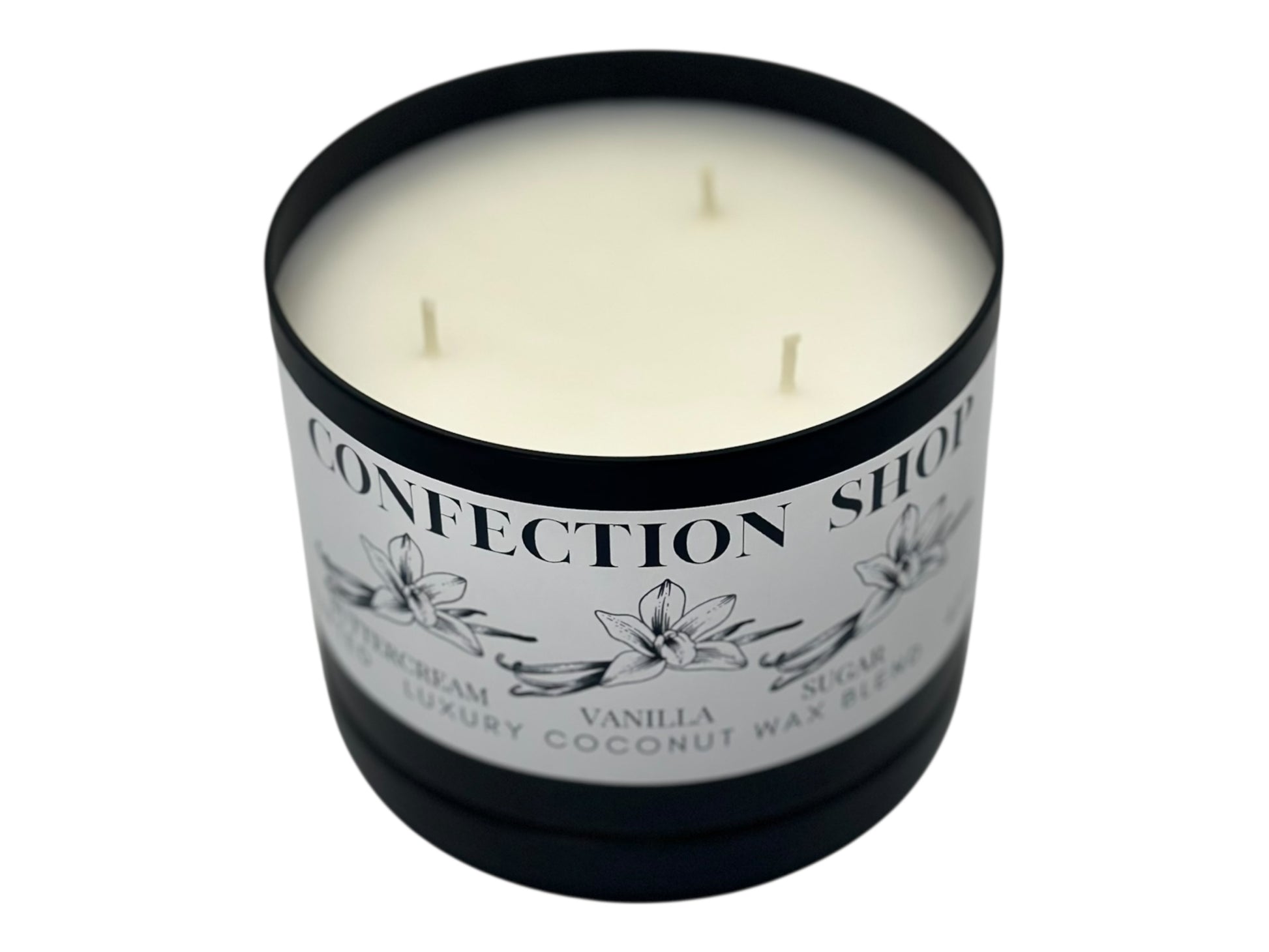 A black candle tin with lid removed labeled 'Confection Shop' on a white background.