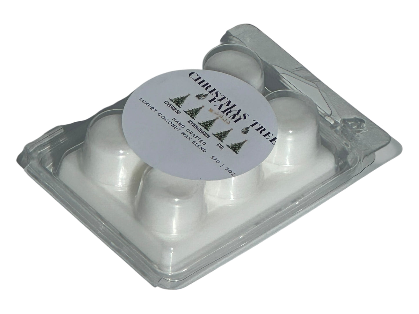 A Christmas tree wax melt labeled "Christmas Tree Farm" front, side, and top view on a white background.