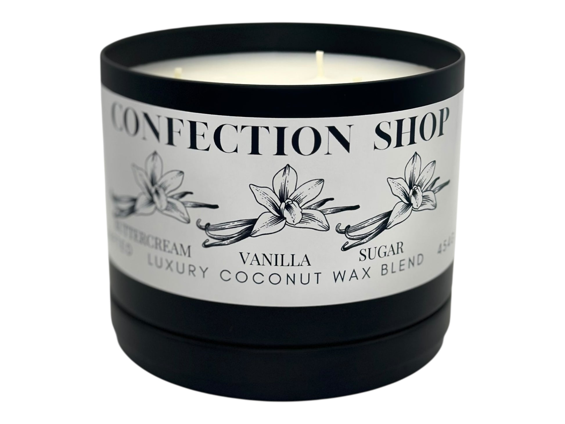 A black candle tin labeled 'Confection Shop' on a white background.