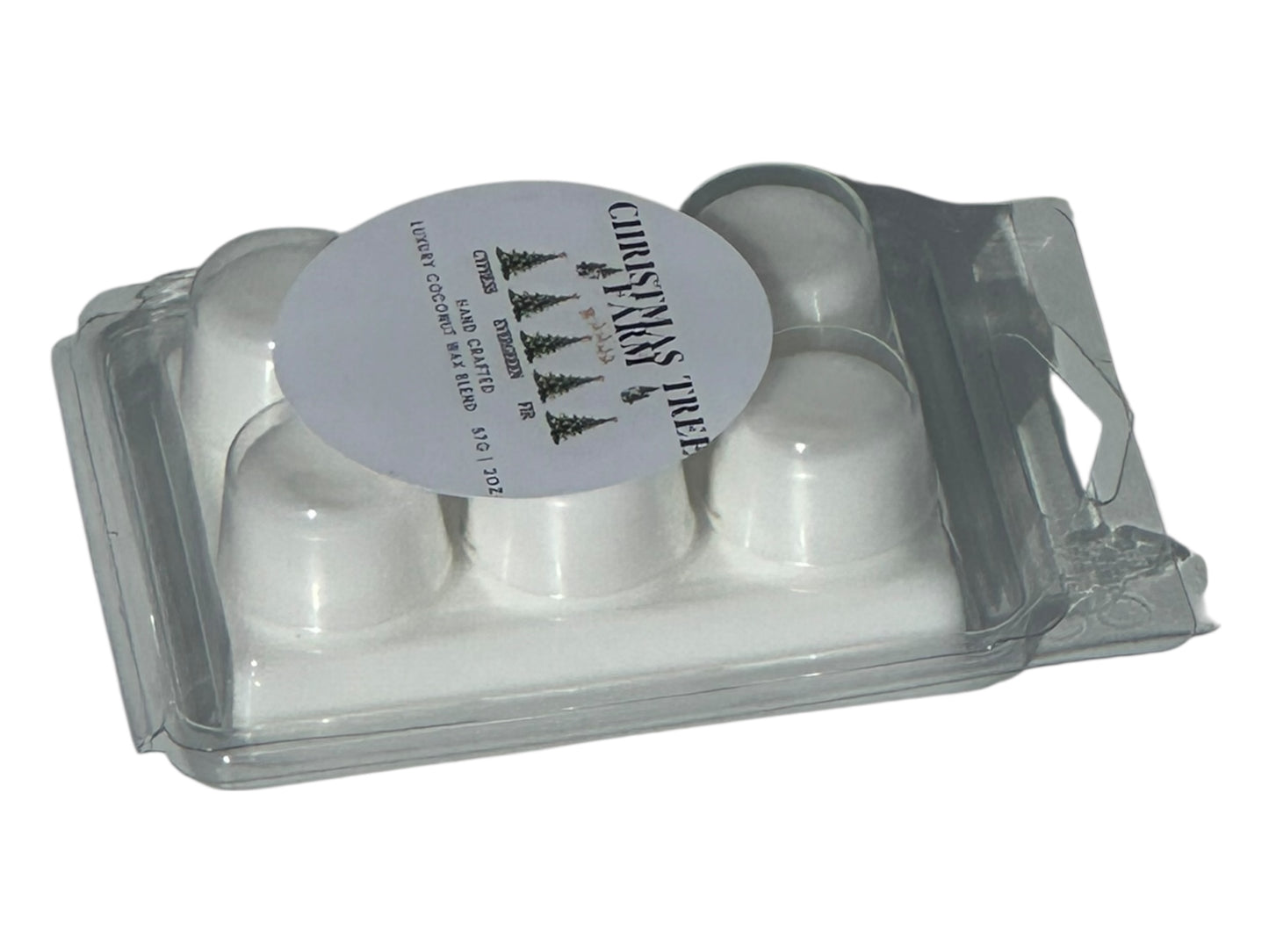 A Christmas tree wax melt labeled "Christmas Tree Farm"side and top view on a white background.