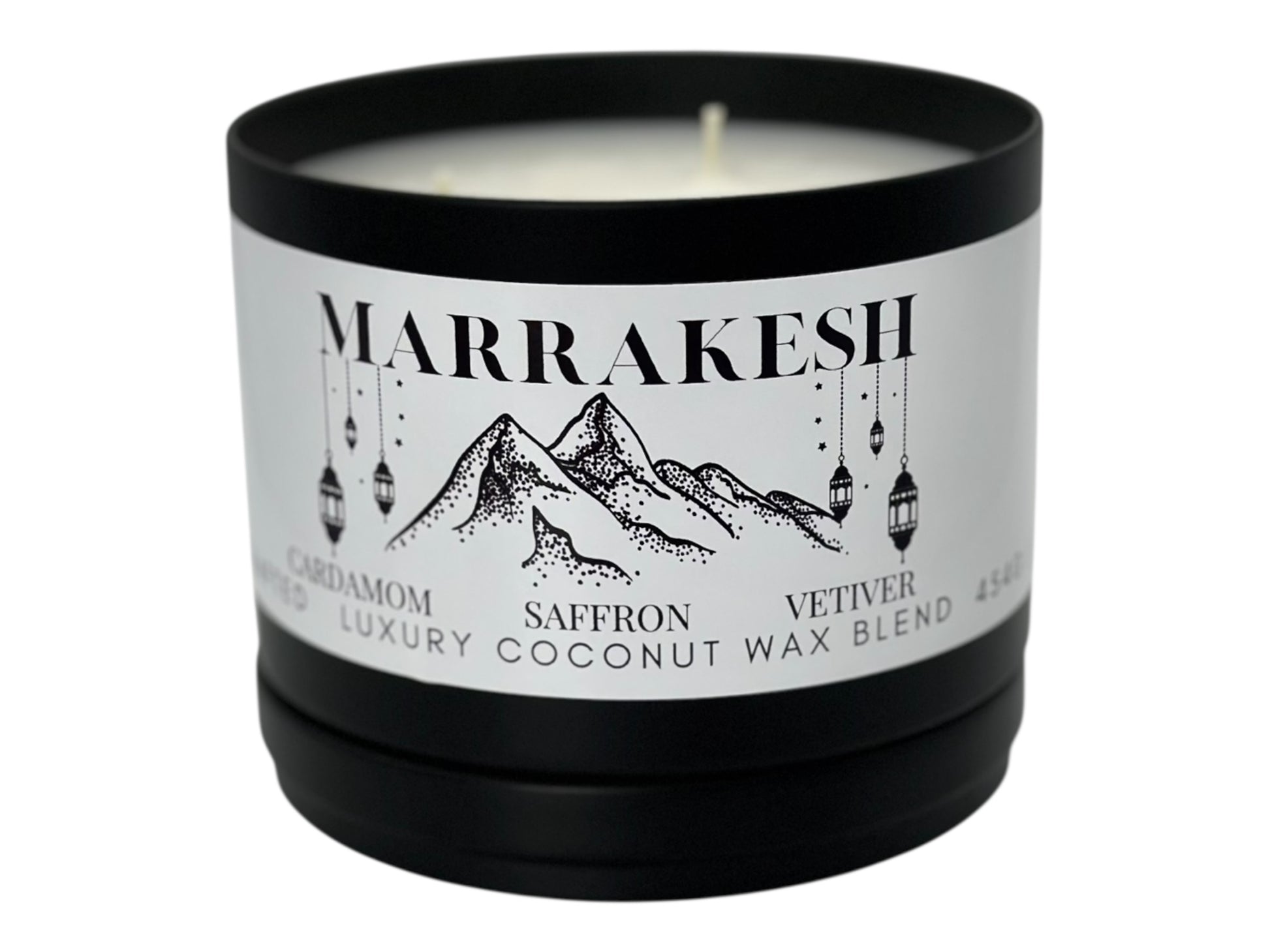 A black candle tin labeled "Marrakesh" on a white background.