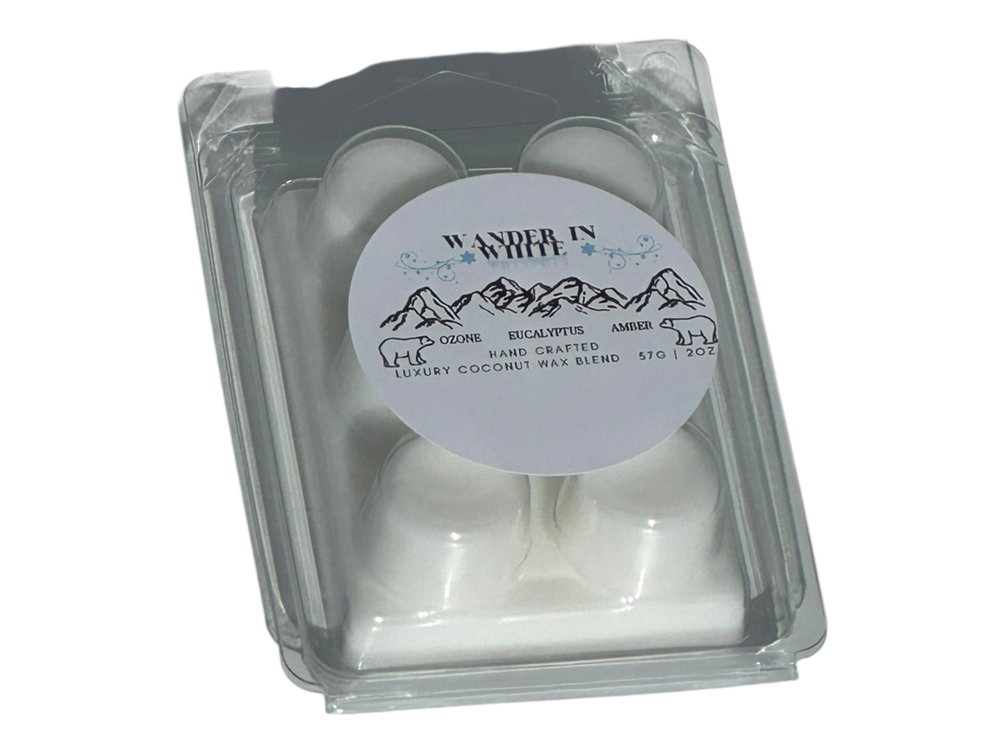 A winter wax melt labeled "Wander in White" in a clear clamshell with a glossy printed label on a white background front view.
