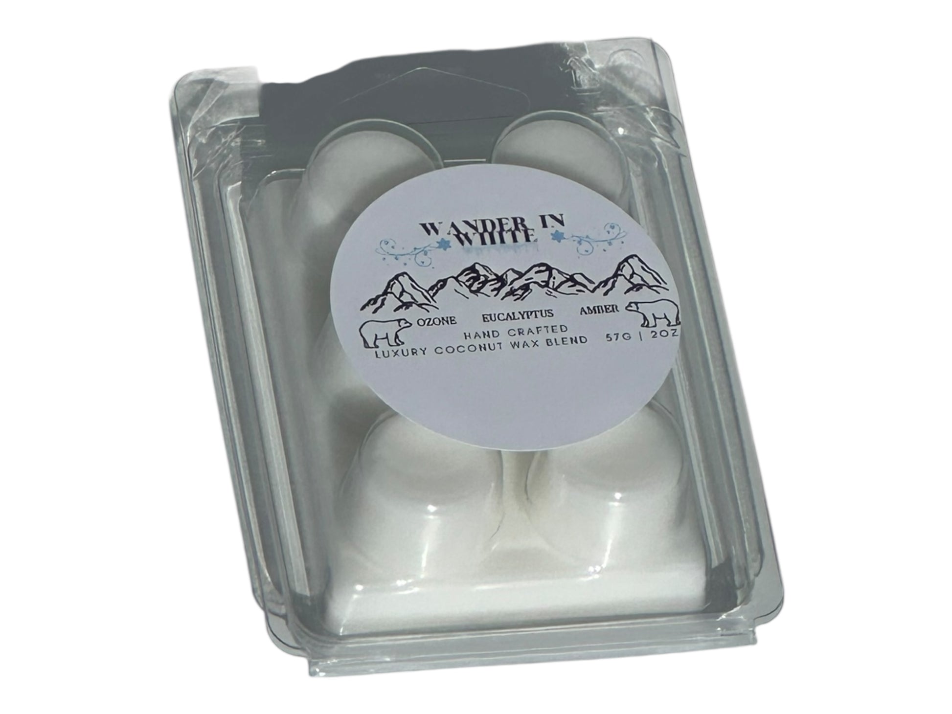 A winter wax melt labeled "Wander in White" in a clear clamshell with a glossy printed label on a white background front view.