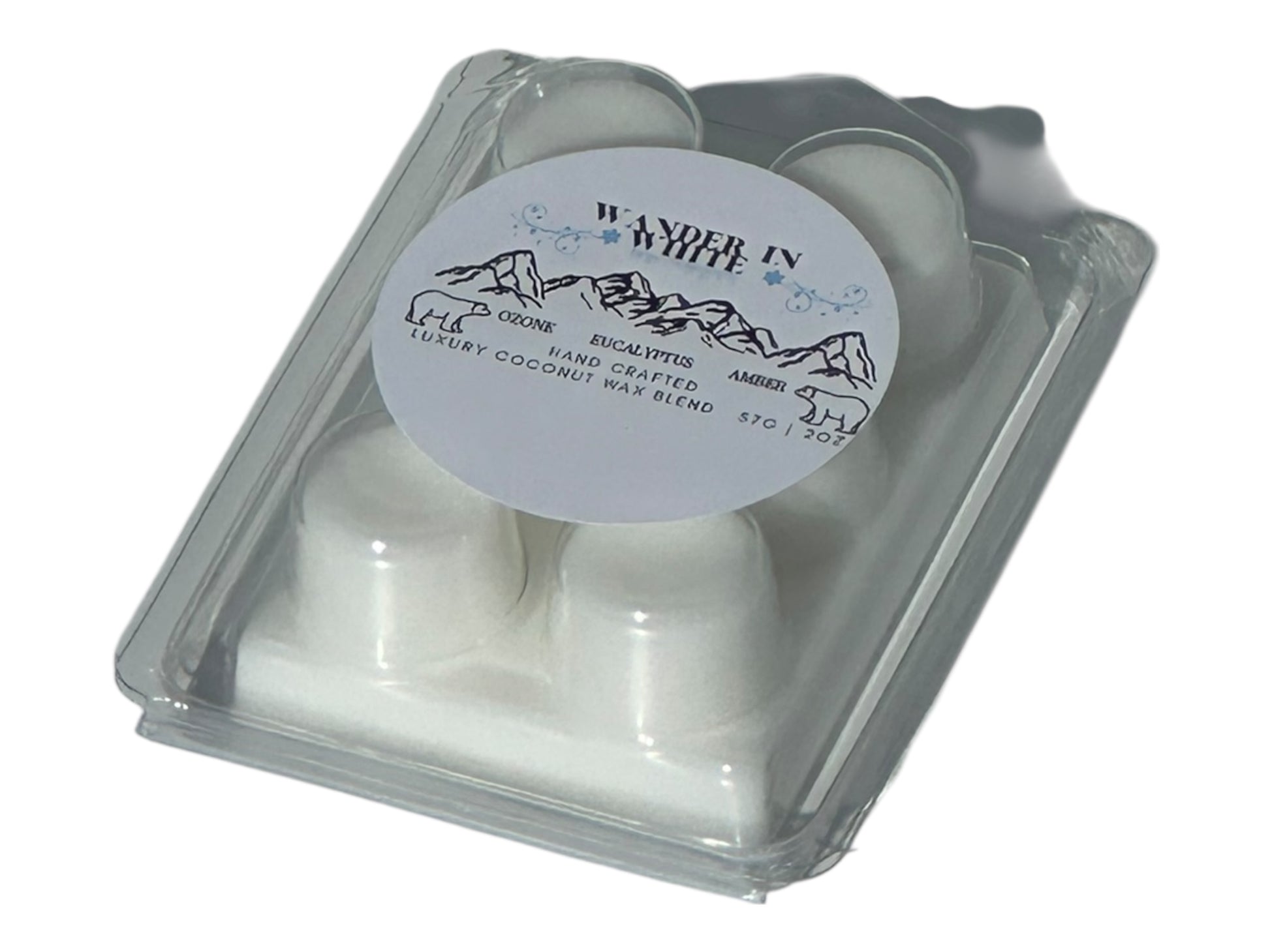 A winter wax melt labeled "Wander in White" in a clear clamshell with a glossy printed label on a white background front angled view.