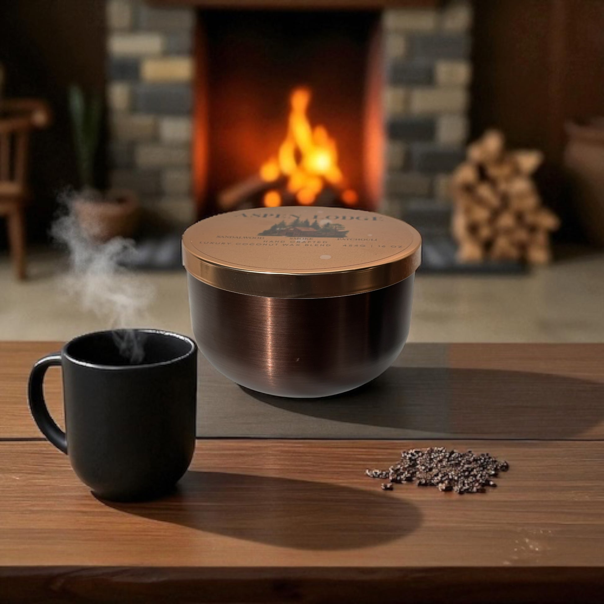 A bronze and gold candle tin and black mug on a wooden table in front of a fireplace.
