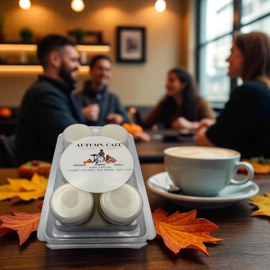 Cup of coffee with a Autumn Cafe Wax Melts  on a table with people in the background