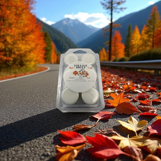 Pack of wax melts on a road with autumn leaves and mountains in the background